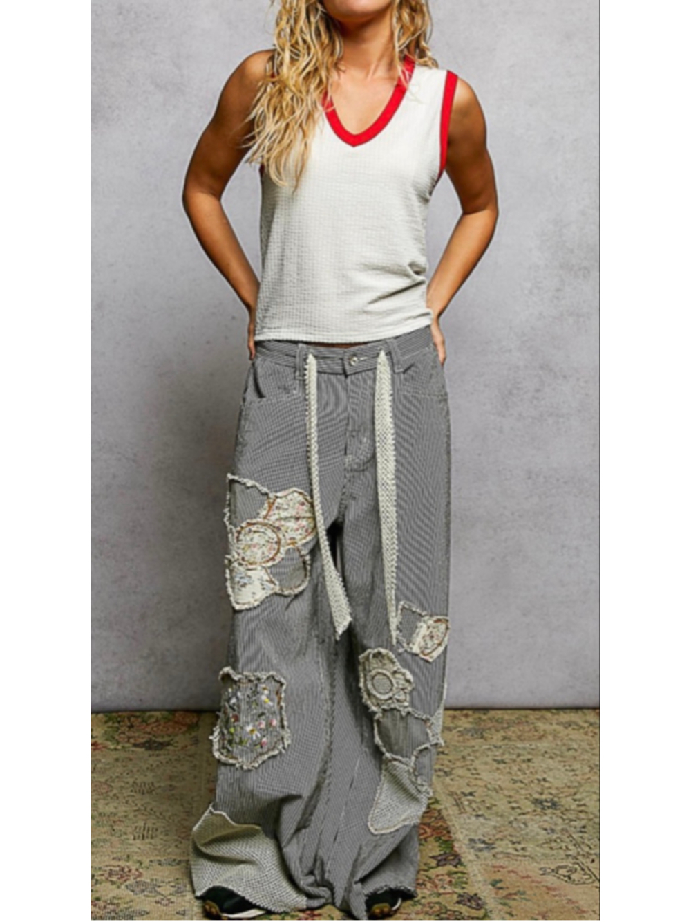 NEW Pol Free People Style Patchwork Embroidered Baggy Stripe Jeans Sizes S, M, L